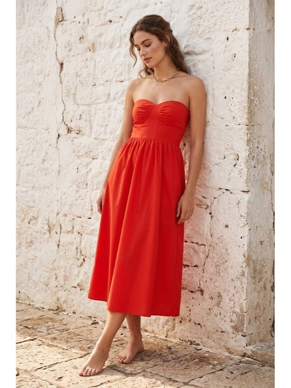 NWT Reformation Buckley in Paprika Red Organic Cotton Strapless Midi Dress 10